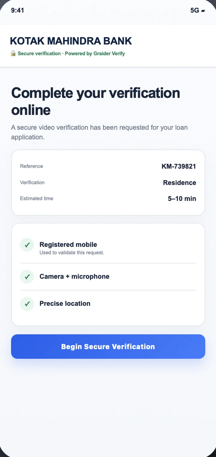 Video KYC & Digital Customer Point Verification invitation and identity check