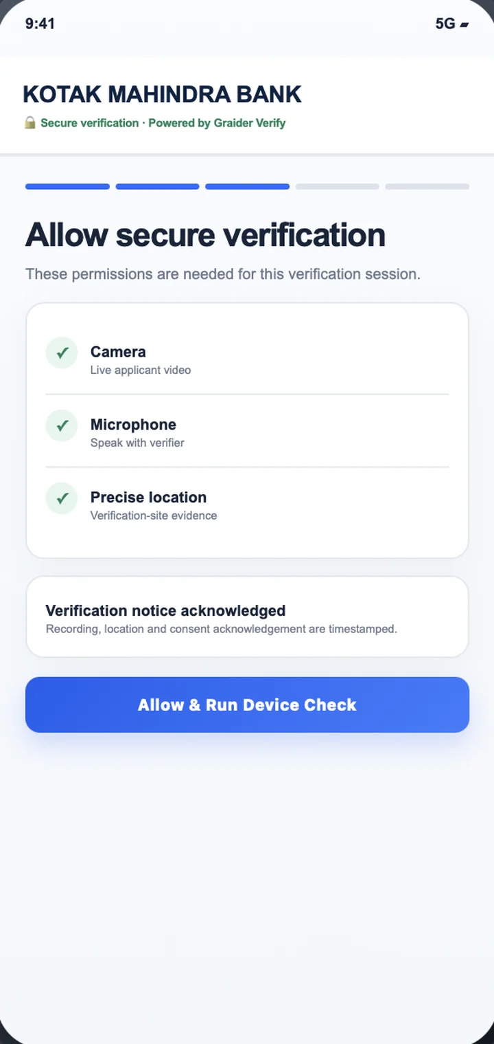 Video KYC & Digital Customer Point Verification consent and geo check